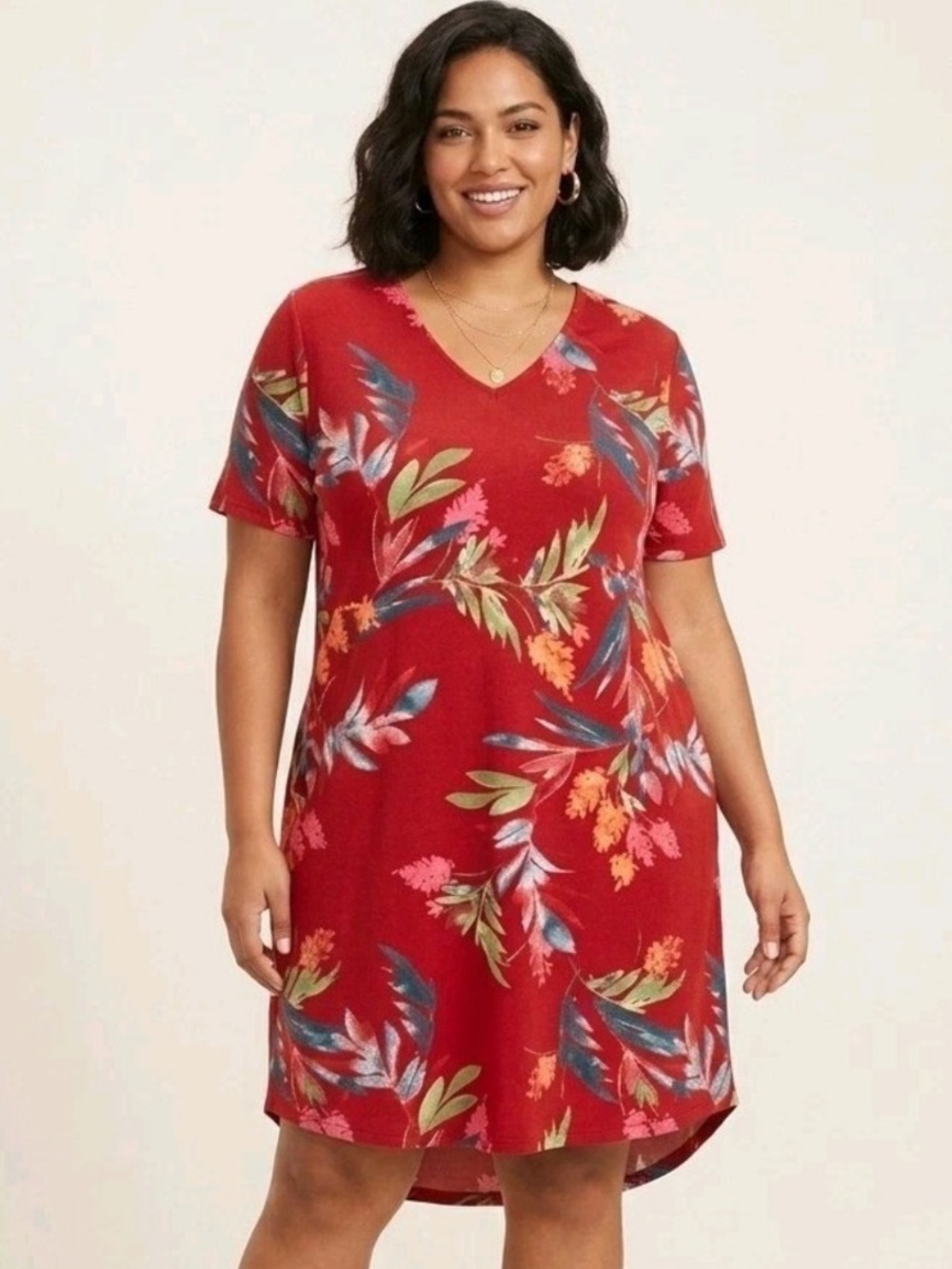 Christian Siriano Red Tropical Floral V‑Neck Mini Dress